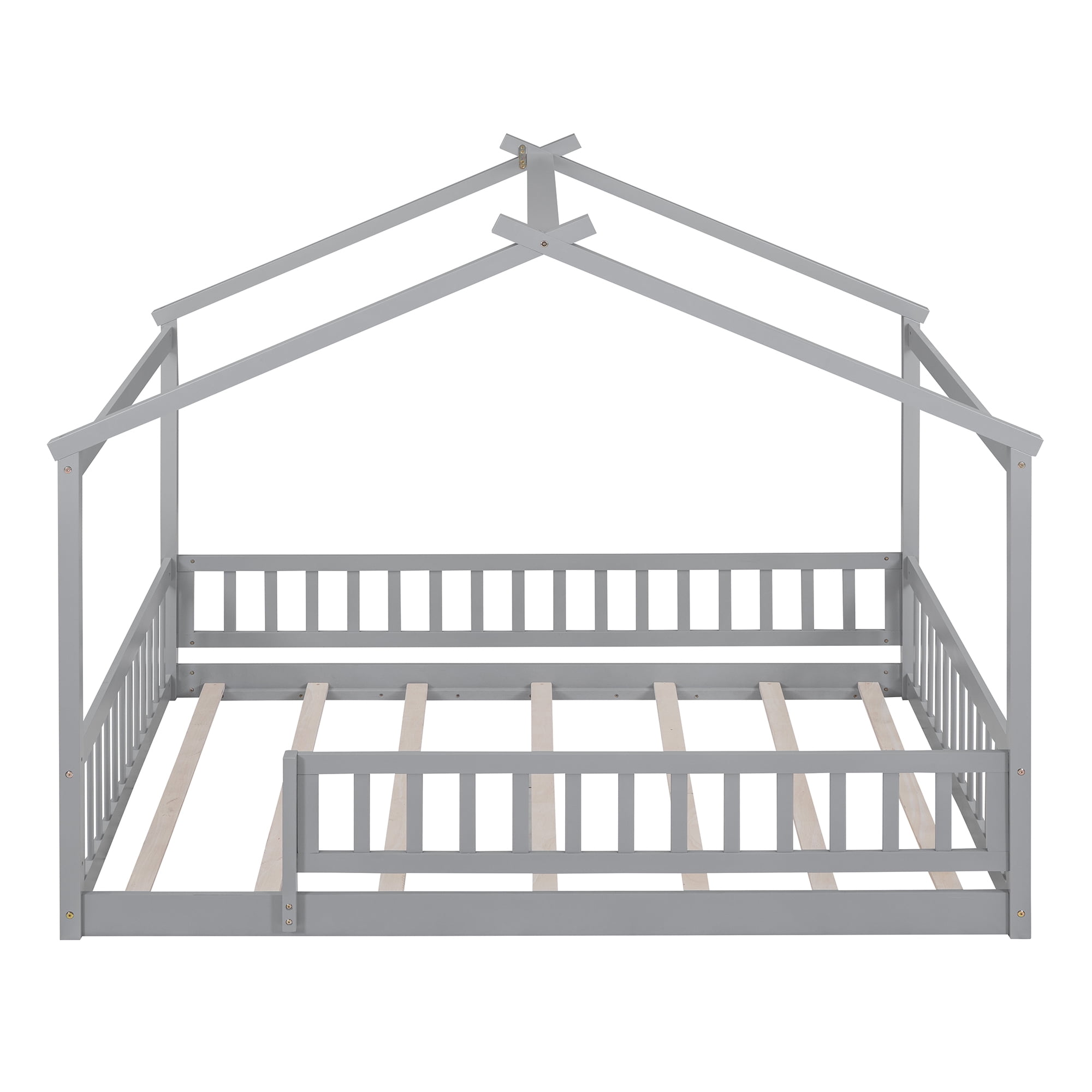 Gewnee Full Floor Bed for Kids, Wooden House Bed Frame with Fence for Kids Teens,Gray