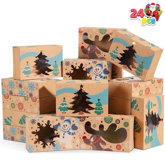 Joyfy 24 Pcs Christmas Bakery Treat Cookie Boxes for Doughnut, 8.75" x 5.35" x 2.75" Brown Kraft Cookie Boxes for Holiday Pastries, Cupcakes, Brownies, Gift Giving