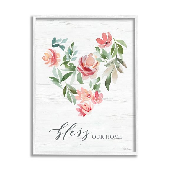 Stupell Industries Bless Our Home Grainy Pattern Floral Heart Shape Graphic Art White Framed Art Print Wall Art, Design by Kristen Brockmon