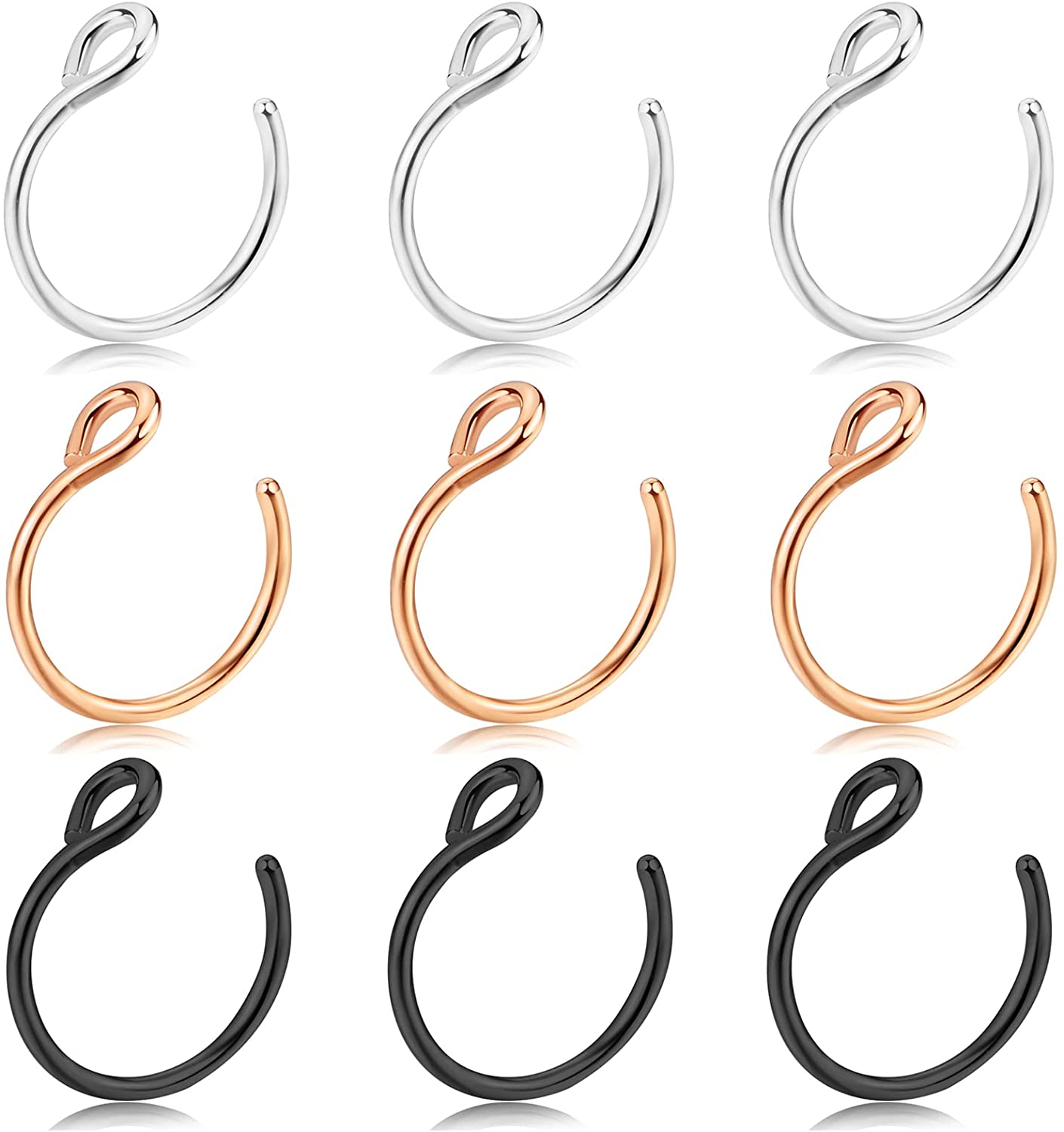 12PCS 20G Surgical Steel Fake Nose Hoop Rings - Faux Piercing Set For Nose, Lip, Septum & Ear