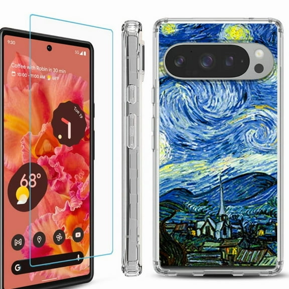 For Google Pixel 9 / 9 Pro Phone Case Cover, Shockproof Bumper Case with Tempered Glass Screen Protector, by OneToughShield - Starry Night Paris