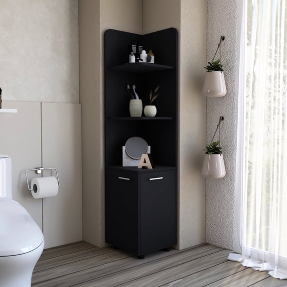 15-inch Wide Cabinet, Black - Four Shelves for Bathroom Stuff - Bathroom Setting - Keep Things Tidy