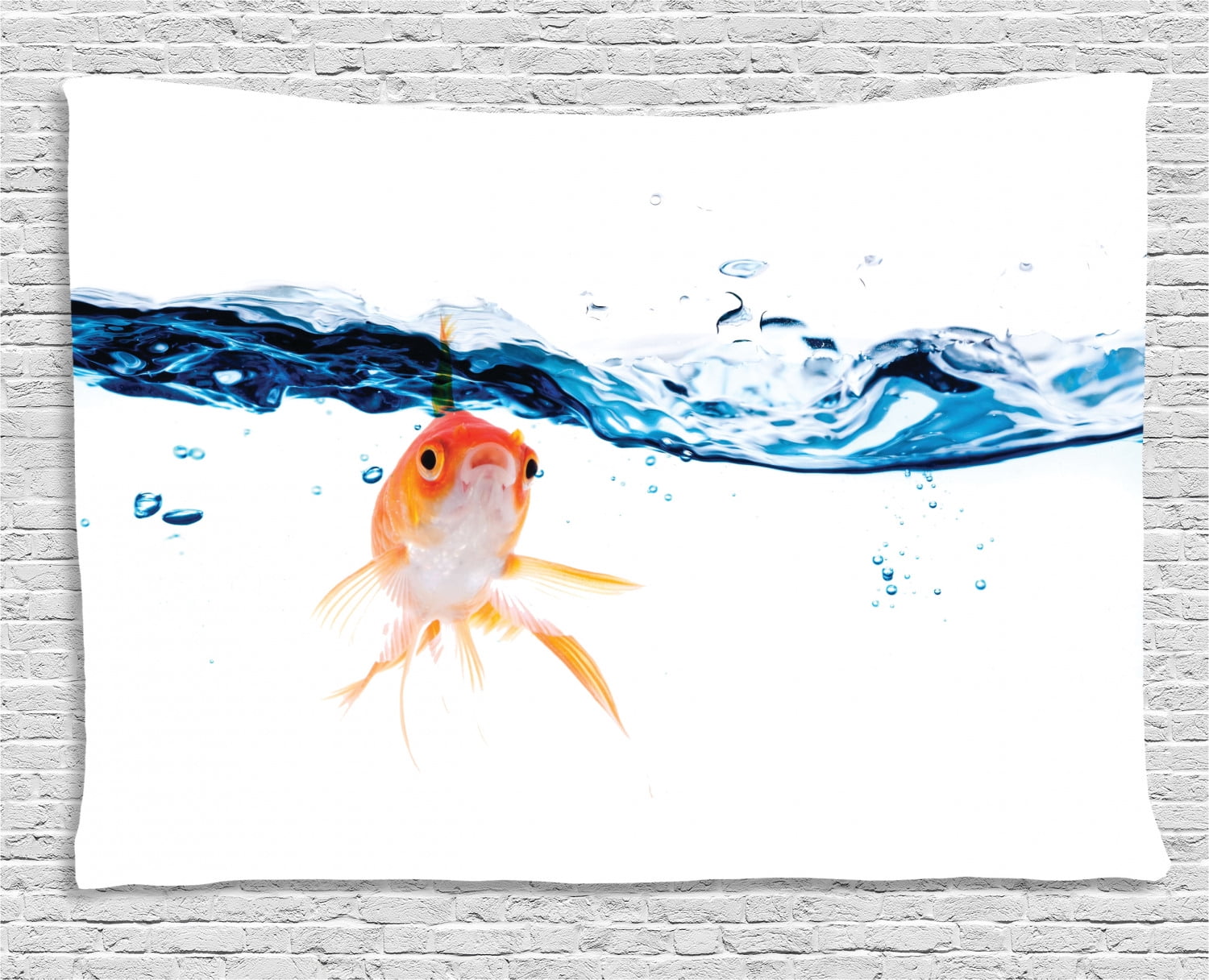 Fish Tapestry, Goldfish Swimming Under Surface of Clear Water Fishbowl