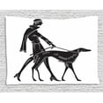 thumbnail image 1 of Art Nouveau Tapestry, Fashion Woman with Dog Walking Model Canines Lady Beauty Illustration, Wall Hanging for Bedroom Living Room Dorm Decor, 80W X 60L Inches, Black and White, by Ambesonne, 1 of 2