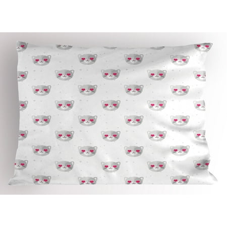 Emoji Pillow Sham Cat Faces with Pink Heart Shaped Eyes Romantic Animal Kitty Mascot In Love, Decorative Standard Size Printed Pillowcase, 26 X 20 Inches, Pale Grey Pink White, by Ambesonne