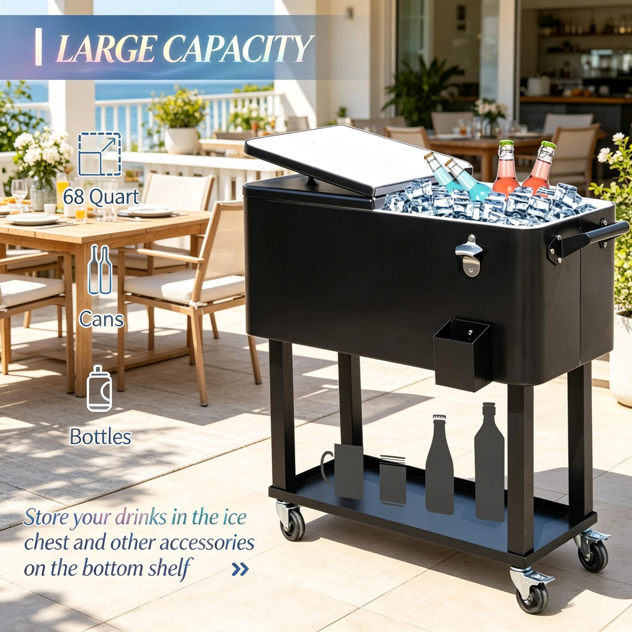 80 Quart 20 Gallon Rolling Outdoor Patio Cooler Cart, Beverage Ice Chest with Lockable Wheels, Built-in Bottle Opener & Drain Plug with Bottom Storage Shelf for Backyard Pool BBQ Party