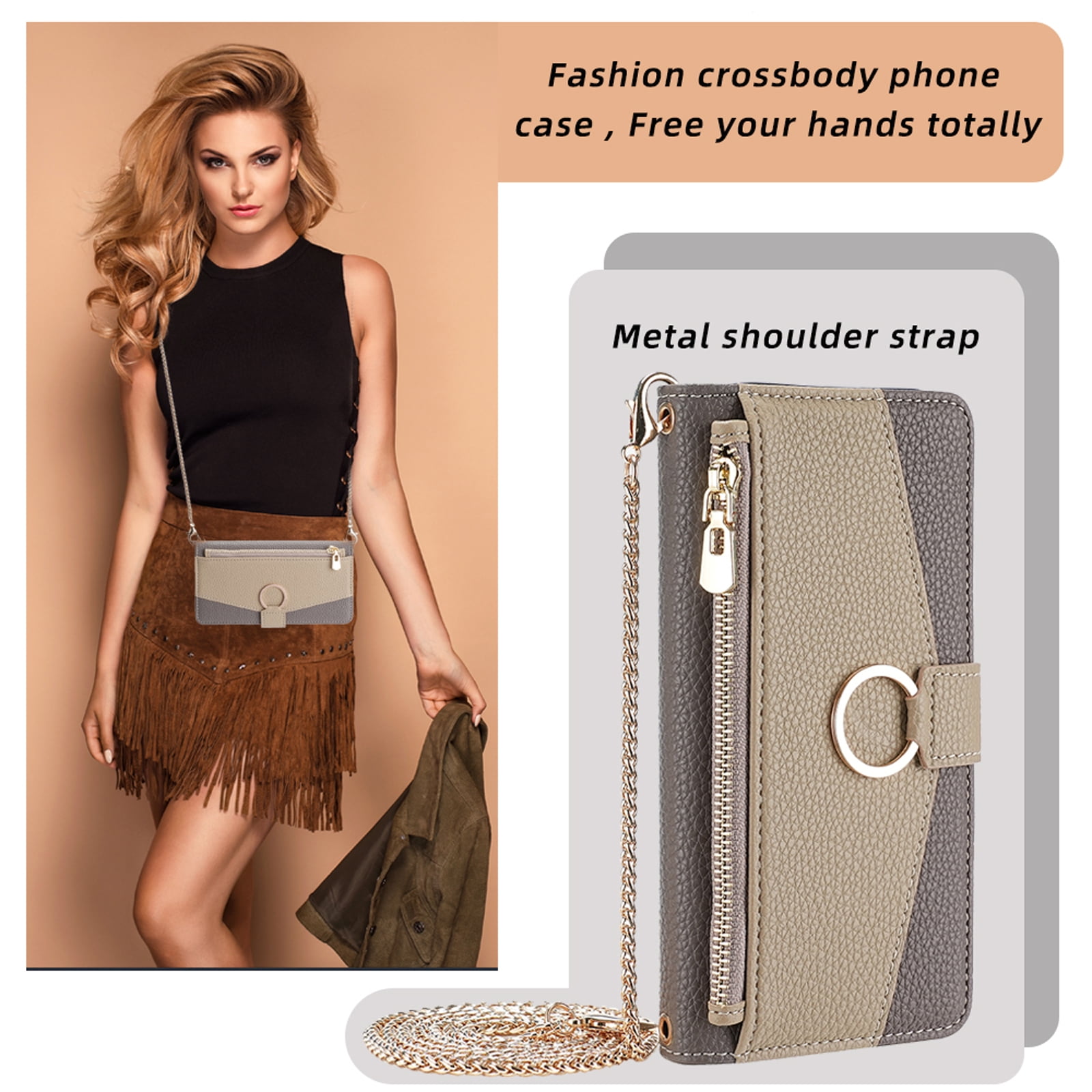 Phone Case for Google Pixel 7 Zipper Wallet Cover with Make-up Mirror, Flip Cover PU Leather Ring Card Holder Kickstand Crossbody Strap Chain Cell Phone Cover for Google Pixel 7, Gray