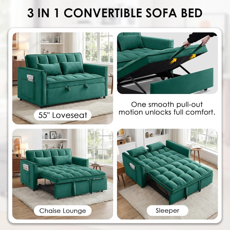 3 in 1 Convertible Sleeper Sofa Bed, 55" Modern Loveseat Pull Out Couch with Adjustable Reclining Backrest & Side Pockets, Velvet Loveseat for Living Room