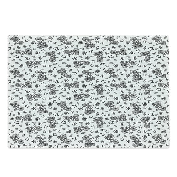 Bicycle Cutting Board, Black Drawing of Illustrated Bicycle Carrying Flowers and Leaves Daisies and Stars, Decorative Tempered Glass Cutting and Serving Board, Large Size, Black White, by Ambesonne