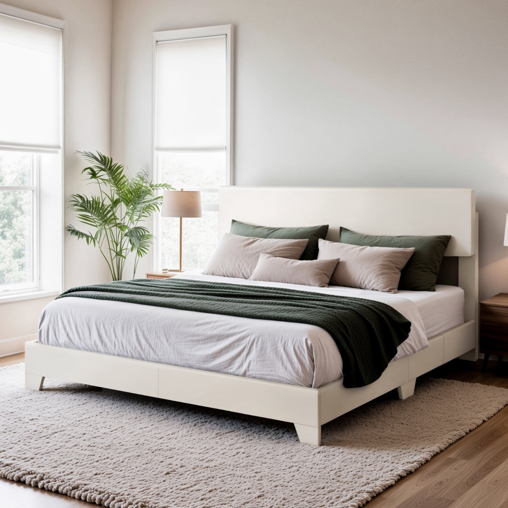 Einfach Full Size White Leather Upholstered Bed Frame with Adjustable Headboard, No Box Spring Needed, Low