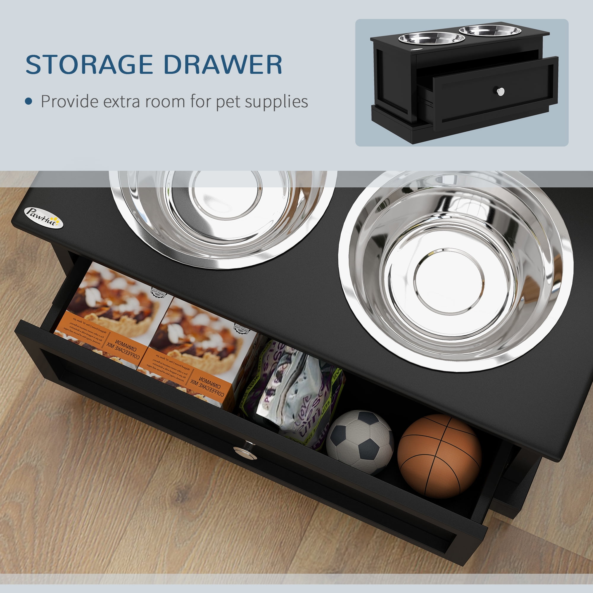PawHut Large Elevated Dog Bowls with Storage, Raised Dog Bowl Stand, Black