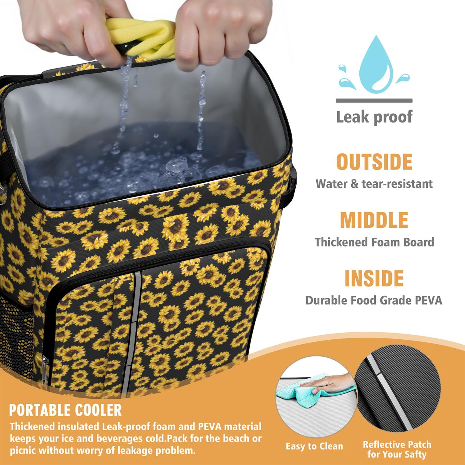Travel Cooler Bag - Black Sunflower Camping Beer Cooler Backpack with Bottle Opener- Waterproof Insulated Picnic Backpacks - Cooler Bag for Beach