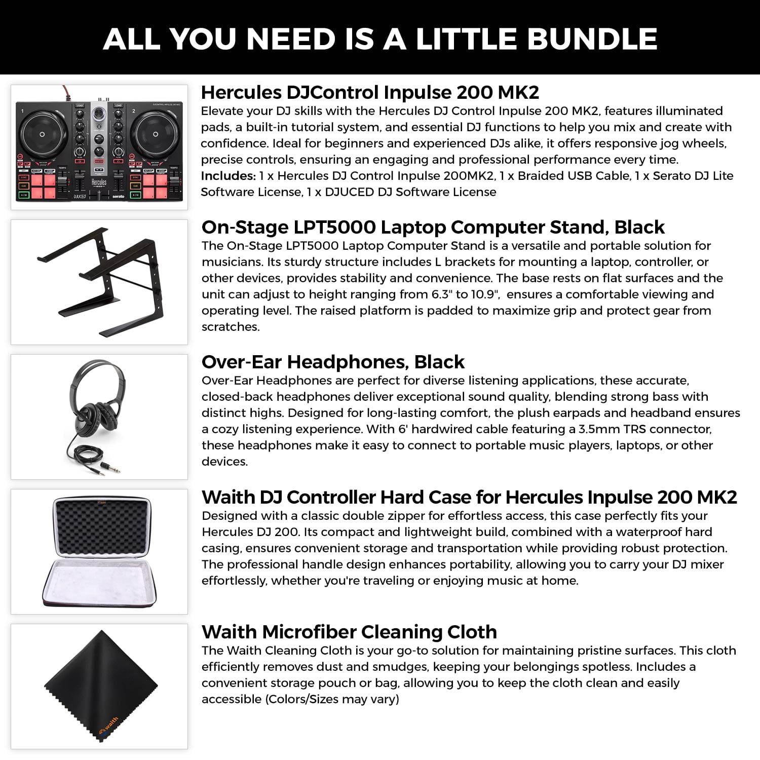 Hercules DJ Controller Inpulse 200 MK2 - 2 Deck USB DJ Controller with Over-Ear Headphones, On-Stage Laptop Stand, Waith DJ Controller Hard Carrying Case and Waith Cleaning Cloth (Bundle Set)