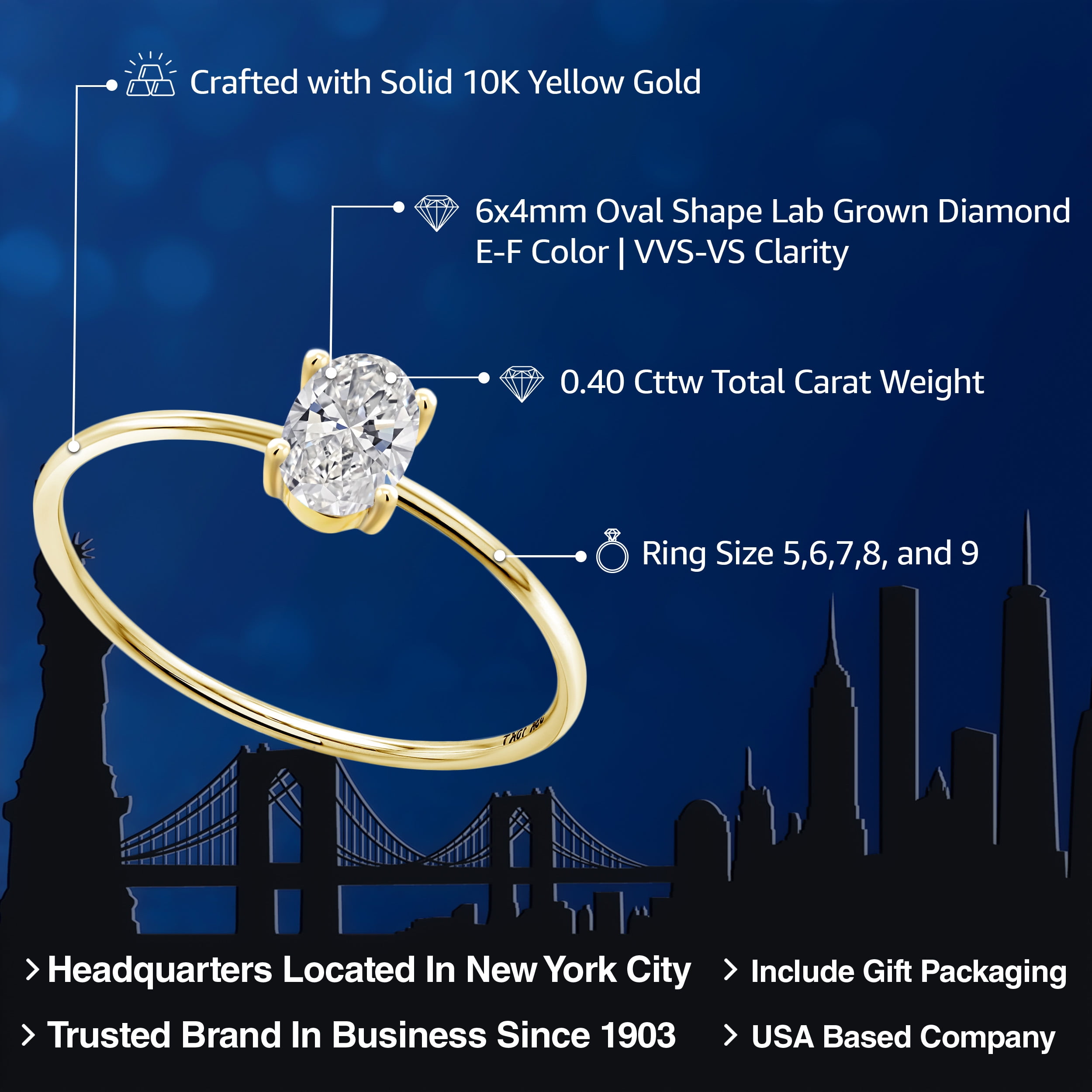 Gem Stone King 10K Yellow Gold Lab Grown Diamond Solitaire Engagement 4-Prong Ring for Women | 0.40 Cttw | Oval 6X4MM | Gemstone April Birthstone | Size 6.5