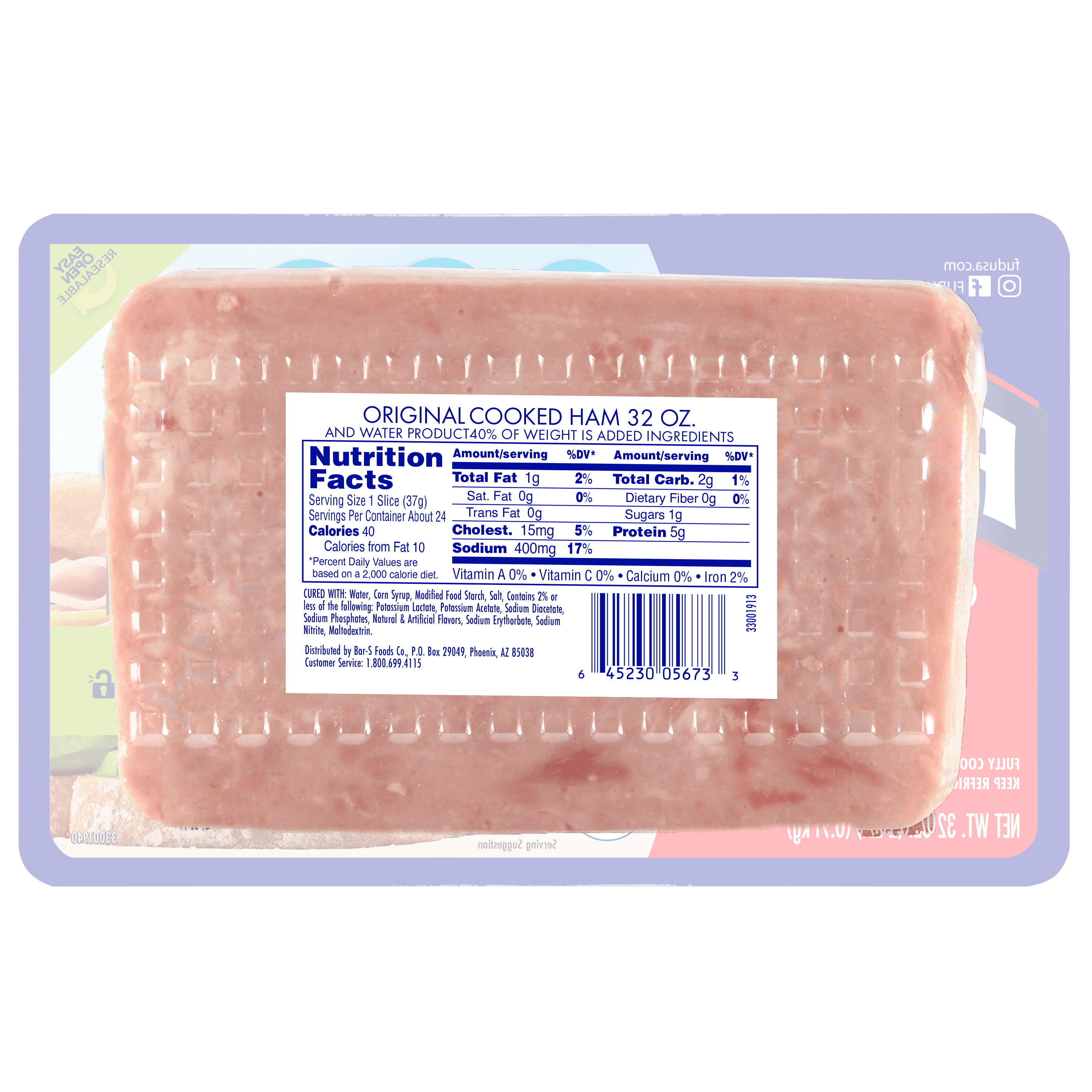FUD Original Sliced Cooked Ham, Refrigerated Deli Meat, Fully Cooked, Ready-to-Eat, Resealable Pack, 32 oz (2 lb)