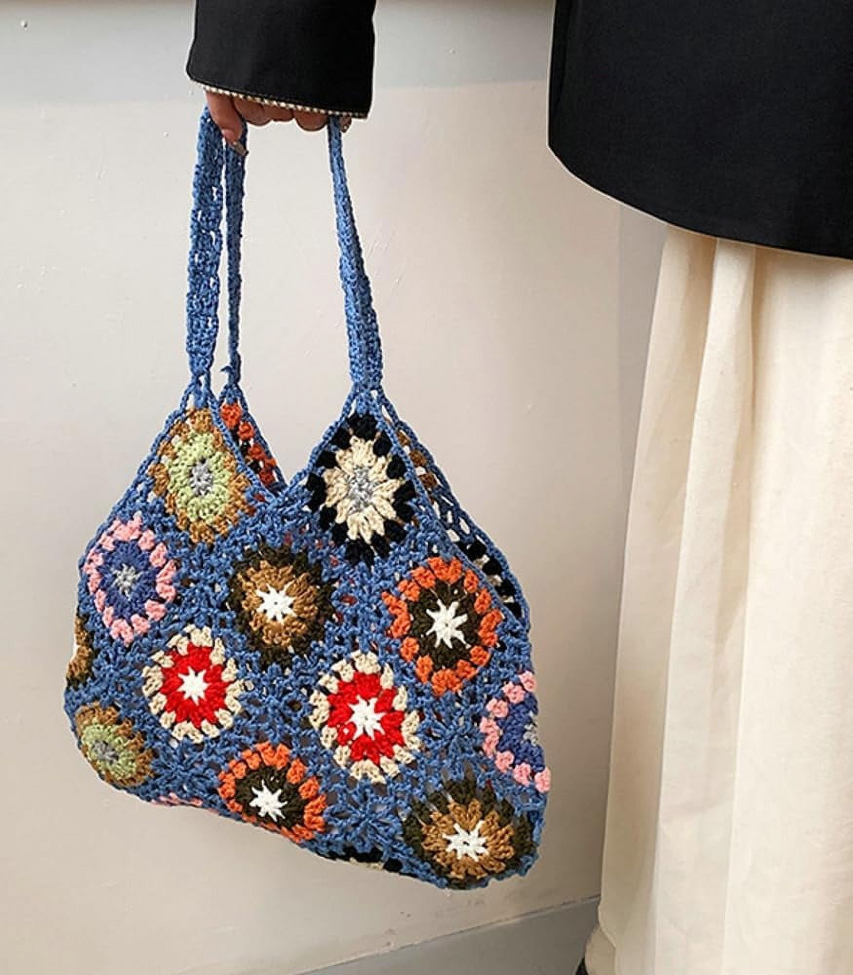 Kukuzhu Cute Floral Knitted Shoulder Bag Women Aesthetic Fairy Y2k Hobo Bag Crochet Small Hand Woven Beach Mesh Tote Purse