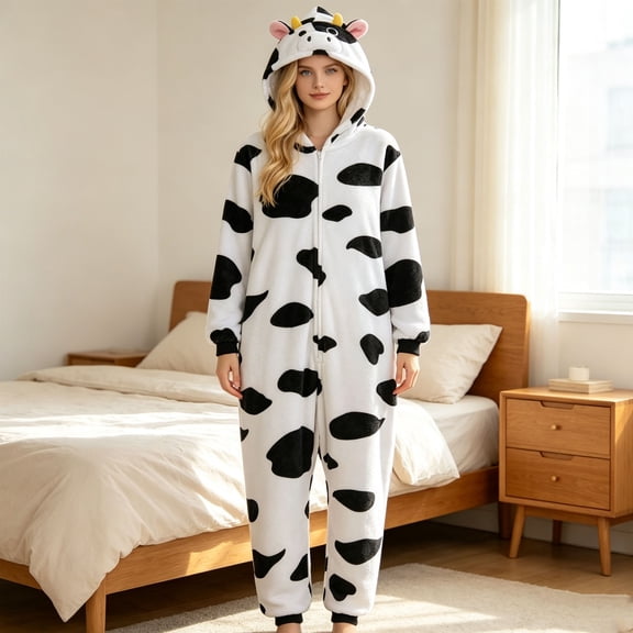 Onesie Pajamas Animal Cow Themed Plush Halloween One Piece Family Matching Pjs (White M)