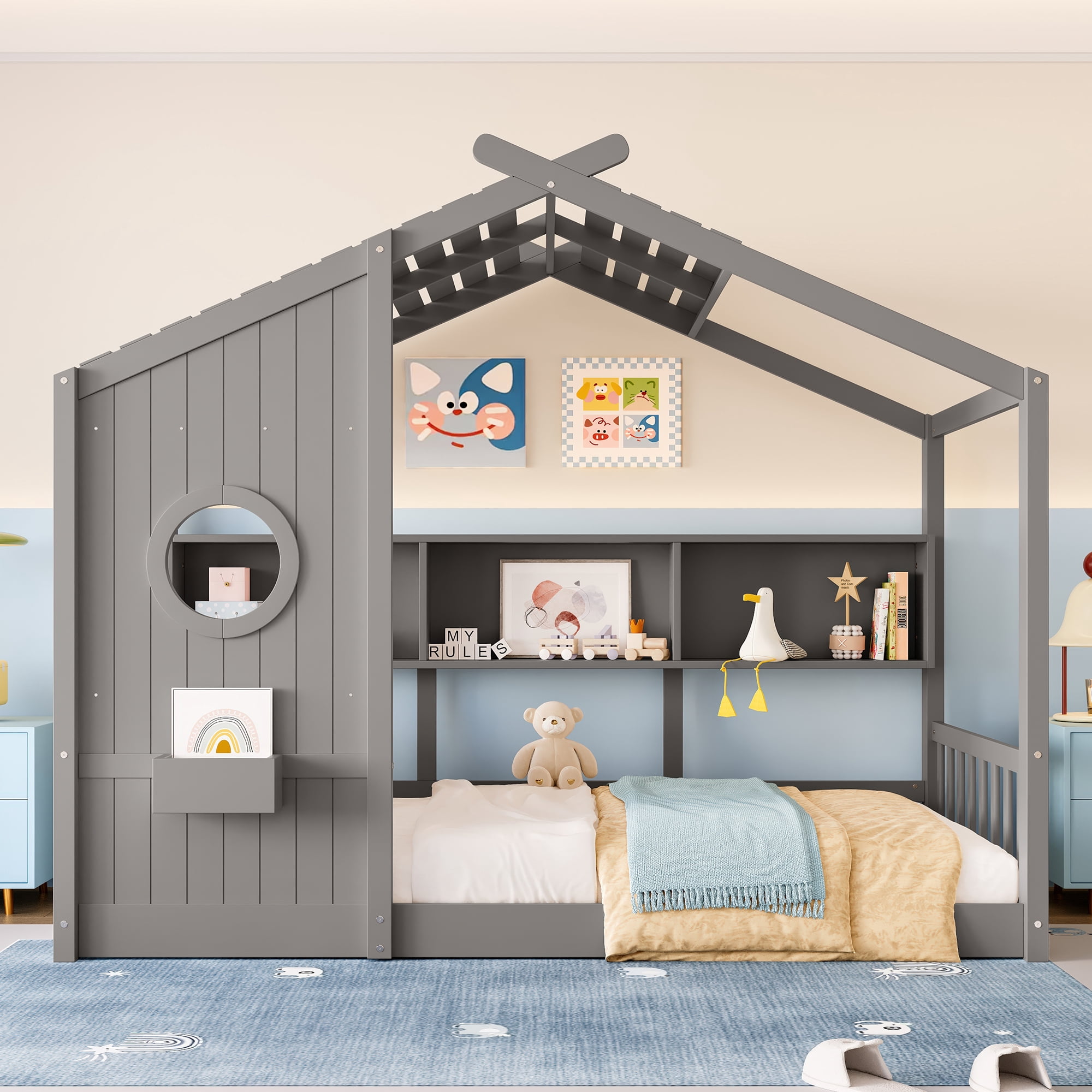 Miniyam Twin Size Montessori Floor House Bed with Roof Design and Storage Shelf for Kids, Gray