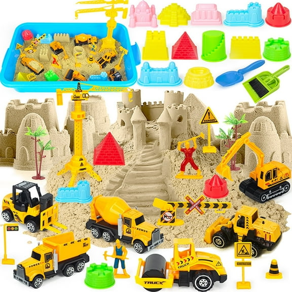 Construction Toys Kit for Kids, Construction Sensory Bin Play Sand Kit Toys with 2.2lbs Magic Sand, Play Sand Construction Set, Alloy Construction Trucks Kits, Sandbox Car Toys for Kids Age 3-8