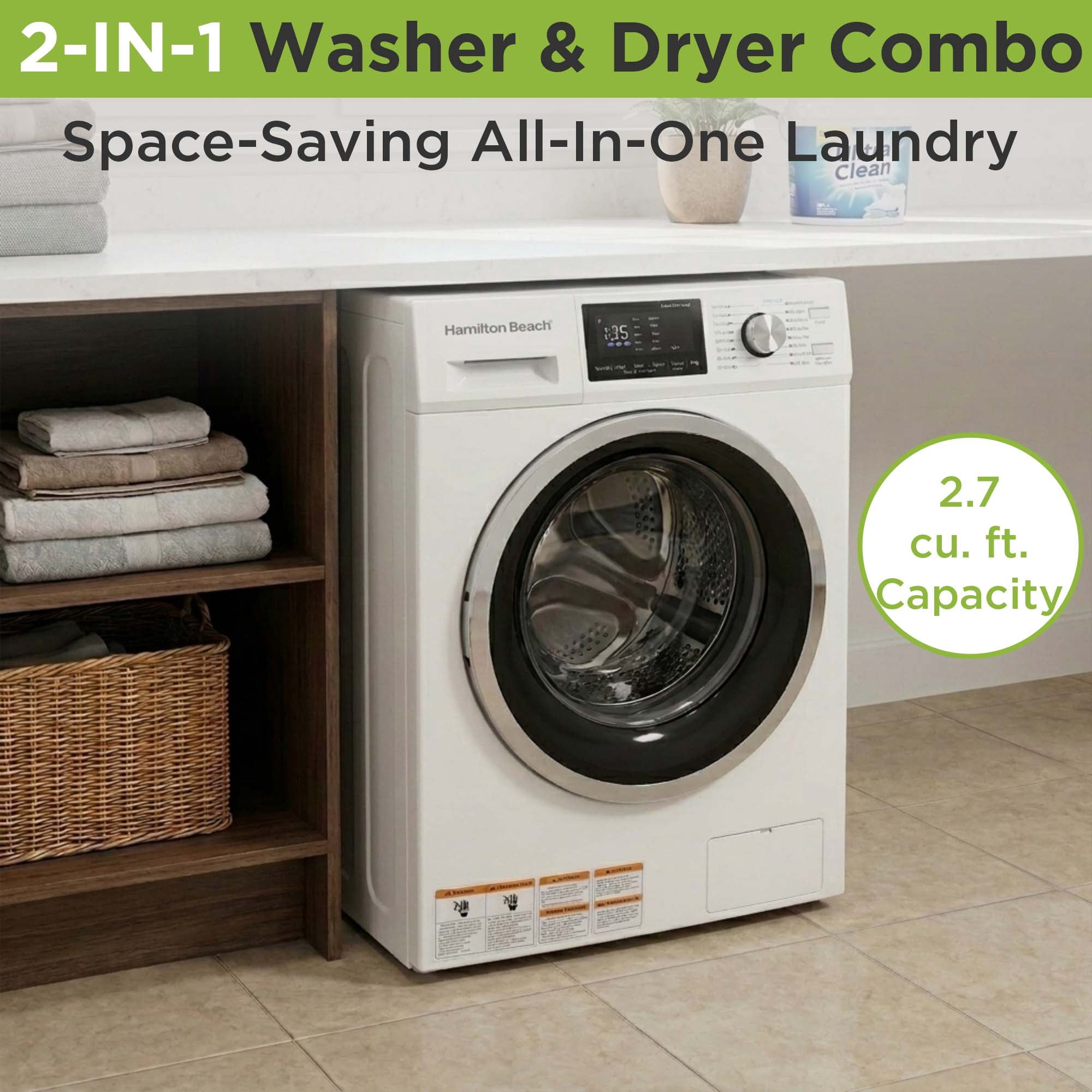 Hamilton Beach 2.7 Cu. ft. Front Loading Washer and Dryer, All-In-One Washer-Dryer Combo with 12+ Wash Programs, 800 RPM Spin Speed, White