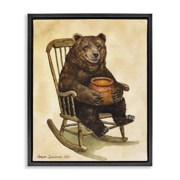 Stupell Industries Happy Bear & Pot of Honey Black Framed Floater Canvas Wall Art, design by George Dyachenko