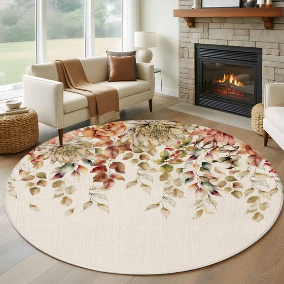 Round Area Rug 8 Ft, Autumn Eucalyptus Washable Non-Slip Circle Carpet for Living Room/Bedroom, Vintage Floral Leaves Rustic Plants Collection Low-Profile Large Area Rugs for Indoor