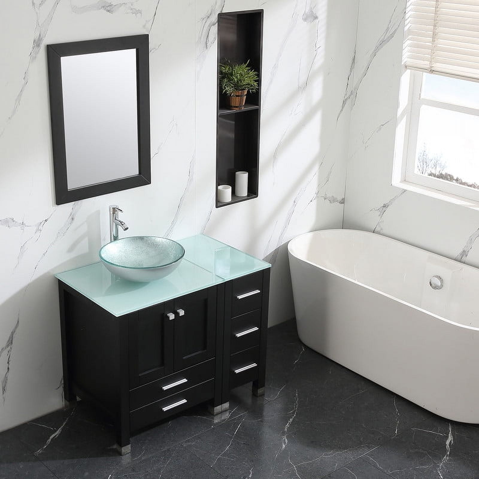 Walsport 36" Luxurious Bathroom Vanity and Sink Combo Cabinet with Silver Glass Vessel Sink and Faucet Pop Up Drain,Black