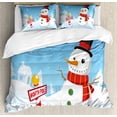 thumbnail image 1 of Snowman Duvet Cover Set King Size, Fun and Colorful Pattern of a Snowman and a North Pole Sign Snowflakes in the Air, Decorative 3 Piece Bedding Set with 2 Pillow Shams, Multicolor, by Ambesonne, 1 of 3