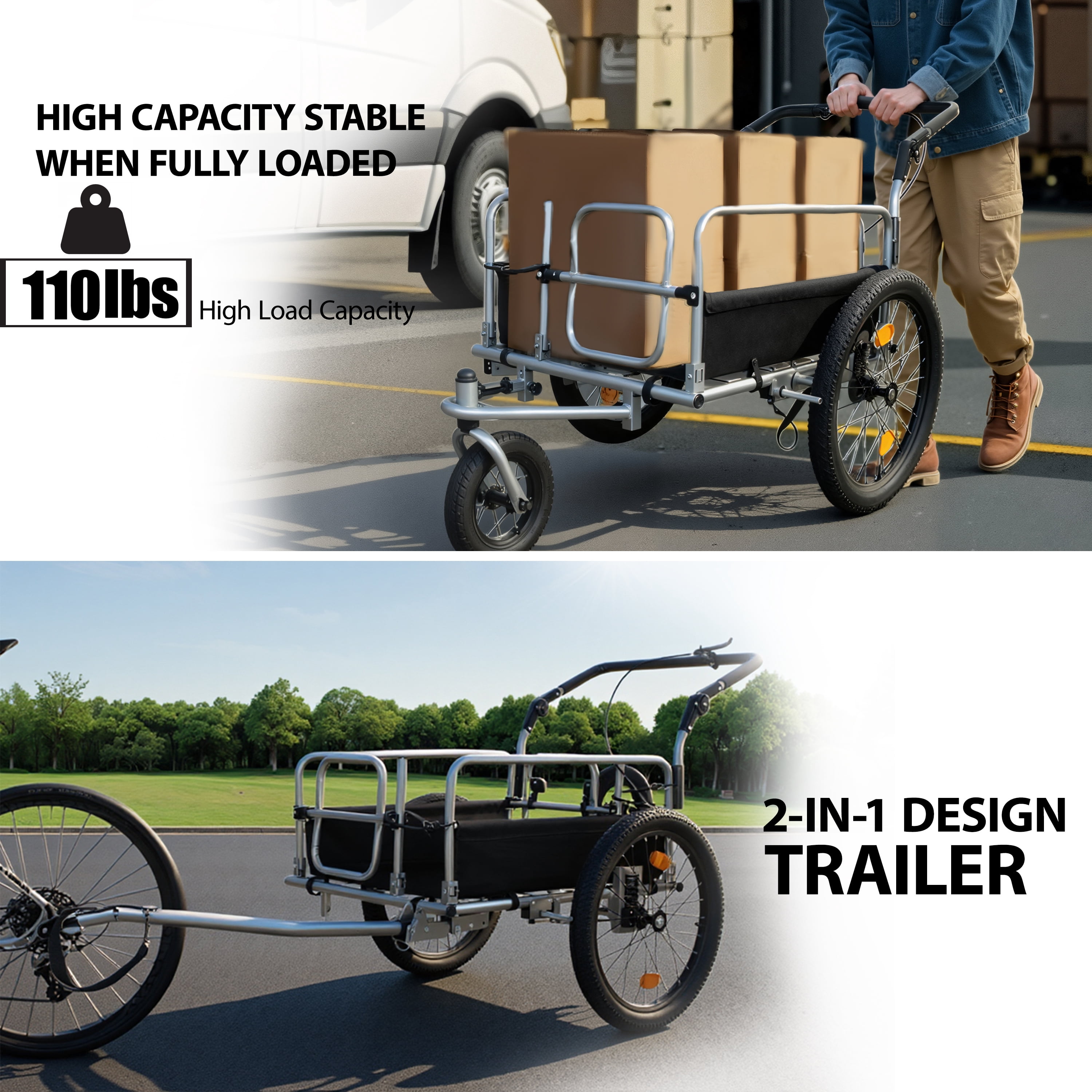 3-in-1 Heavy-Duty Bike Cargo Trailer Bike Compatible Steel Frame, 110lb Capacity, Convertible Stroller & Pull Cart w/Suspension, 20 *2-3/8" FAT tire