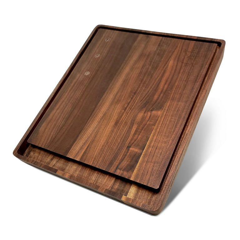 Large Magnetic Cutting Board Made from Walnut Wood, Carved, Juice Grooves, Magnetic Knife Holder, Anti Slip Rubber Bases