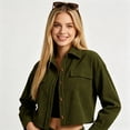 thumbnail image 2 of CBASIHI Womens Cropped Corduroy Jackets- Casual Vintage Lightweight Classic Collar Long Sleeve Loose Fit Button Down Shackets Army Green Size S, 2 of 8