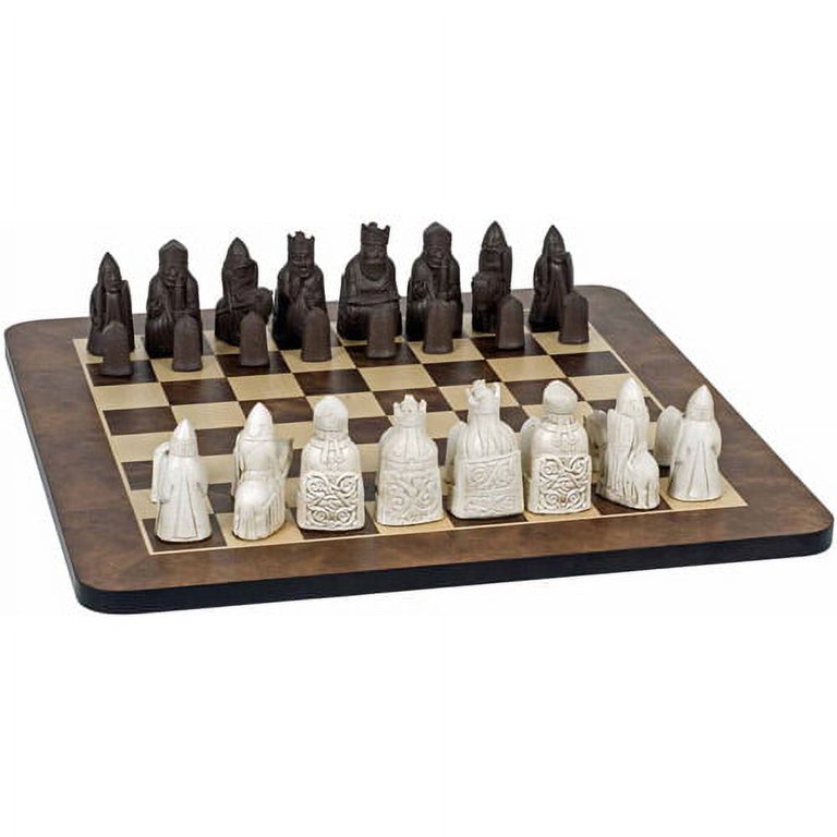 Isle of Lewis Antiquity Chess Set, Polystone Pieces and Walnut Root Board,  19