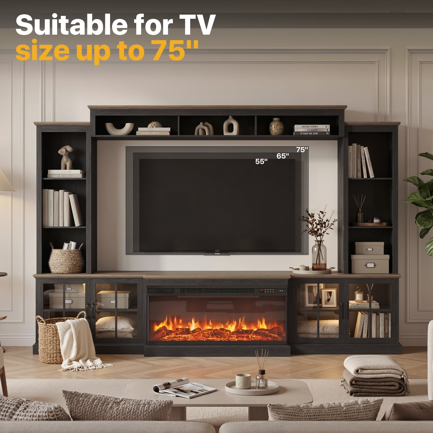 Sonegra 98" Farmhouse Entertainment Center with 36" Fireplace, TV Stand, Bookshelf, Cabinet, Fits TVs up to 75", Media Console with Power Outlets and Barn Doors for Living Room, Black