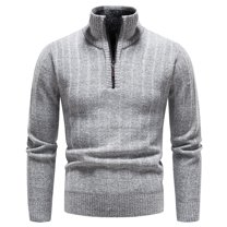 Lu's Chic Men's Quarter-Zip Sweater Top Knitted Pullover Long Sleeve Fall Cotton Thermal Knitwear Grey 38