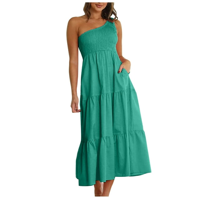 FAIWAD Robes d'Été pour Femmes Sans Manches à Volants à Étages Robe Maxi Épaules Dénudées à Bretelles Longues Robes de Plage