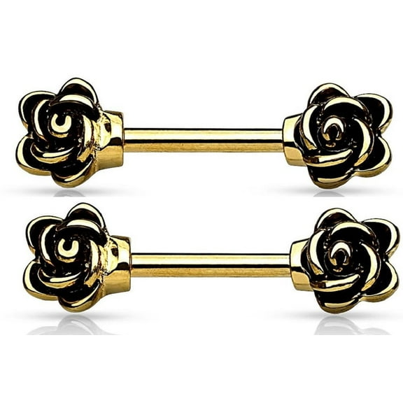Body Accentz Nipple Ring Rose Flower Casted Flowers Gold IP 316L Surgical Steel Nipple Bar pair
