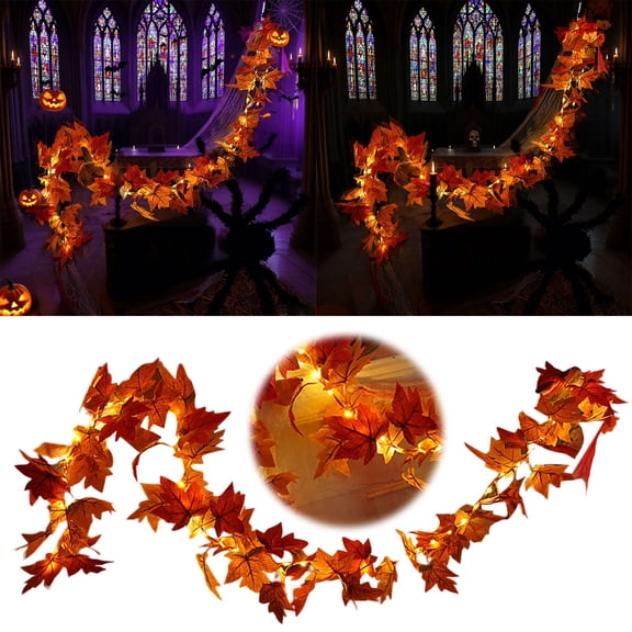 Fall Garland with Lights 6Ft Plug in Lighted Thanksgiving Garland with Incandescent Bulbs Orange Bulbs Connectable Maple Leaves Lights Pumpkin for Outdoor Indoor Home Party Autumn Halloween Decor