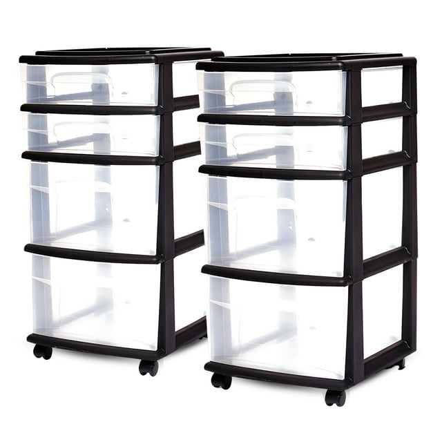 Homz Plastic 4 Clear Drawer Medium Home Storage Container Tower (2 Pack)
