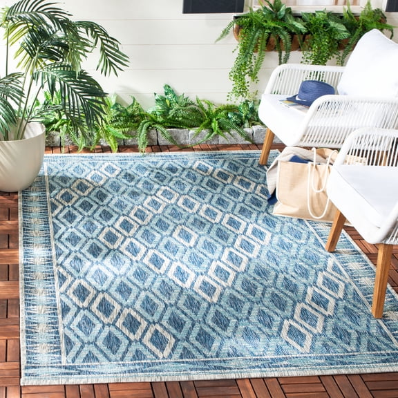 SAFAVIEH Courtyard Vermont Geometric Indoor/Outdoor Area Rug, Navy/Grey, 2' x 3'7"