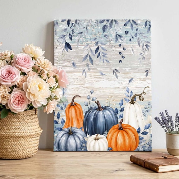 Pastel Blue Pumpkin Canvas Wall Art for Living Room, Thanksgiving Orange Creamy Pumpkin Leaf Wooden Poster Print Painting for Bedroom Office Home Decoration Wall Pictures Prepare To Hang 8"x10"