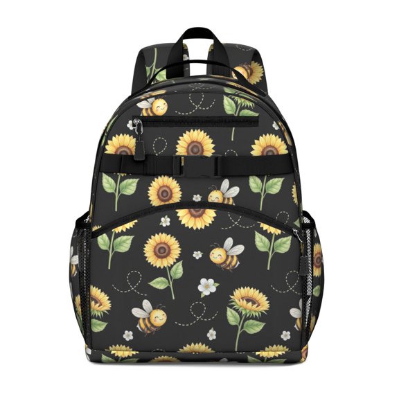 Sunflower and Bee Black Pattern Cute School Backpack Bag for School with Padded Back and Adjustable Shoulder Straps 15.25"x11.5"x5.25"