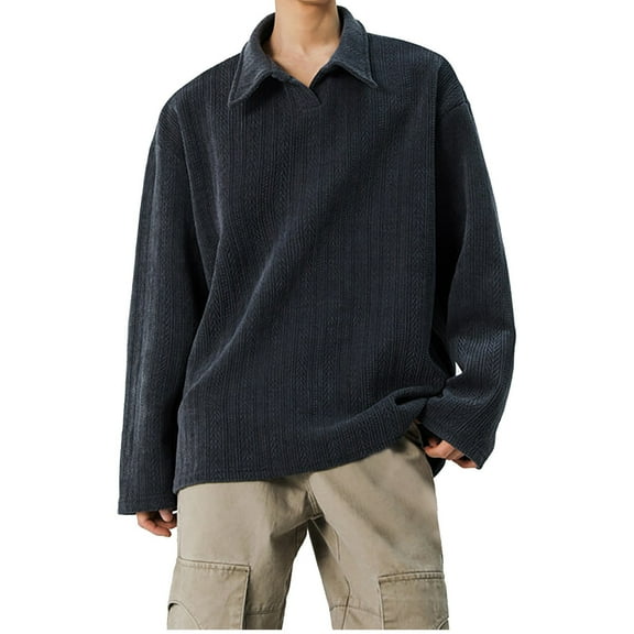 Men's Casual Solid Color Pullover Texture Long Sleeve Loose Fit Blouse Mock Neck Regular Fit Polo Sweaters