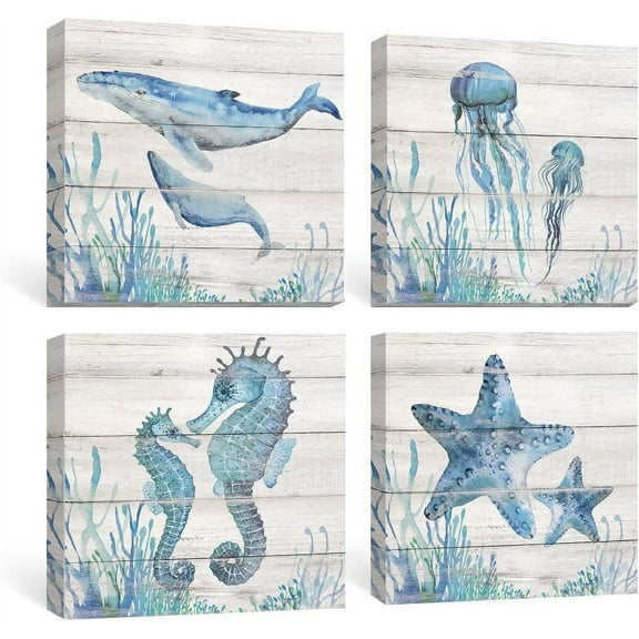 Ocean Wall Art Bathroom Rustic Decor Beach Coastal Canvas Paintings Farmhouse Navy Blue Pictures Seahorse Starfish Nautical Artwork Set of 4 Marine Life Theme Bedroom ons 12x12 inch