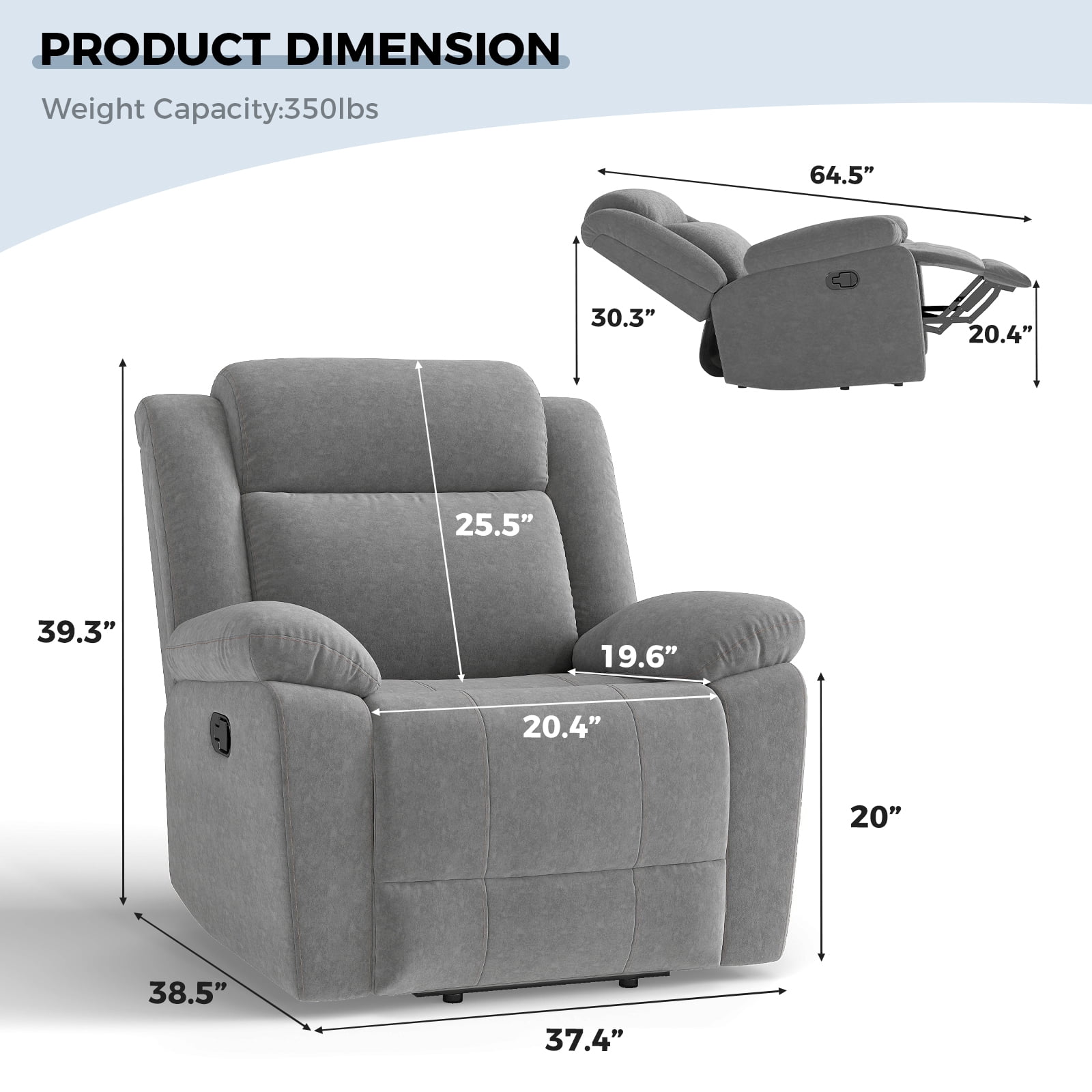 Bonzy Home Extra Wide Manual Recliner Chair in Soft Gray Fabric,Overstuffed Recliner，Gray