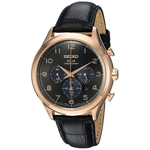 seiko silvertone black dial solar calendar watch