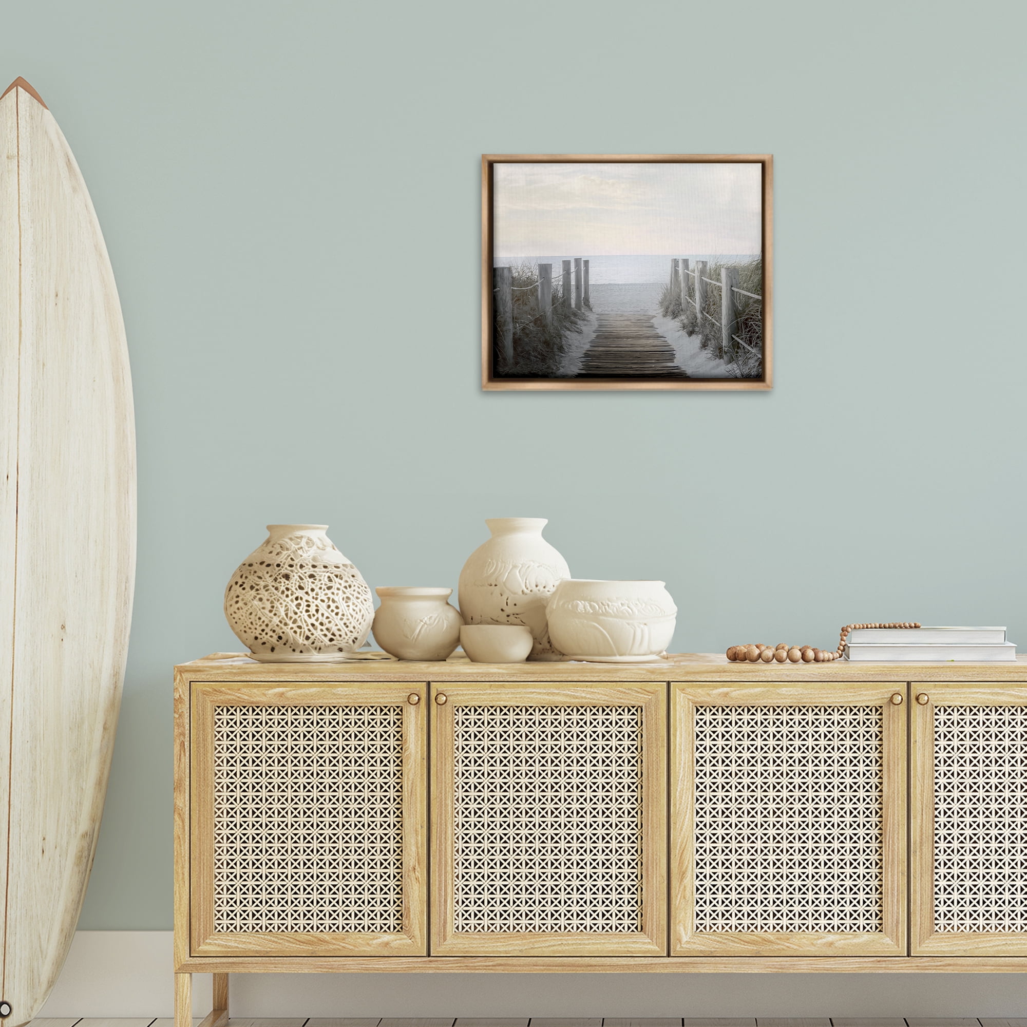 Stupell Industries Boardwalk Steps to Beach Landscape Photography Brown Floater Framed Canvas Art Print Wall Art, 21 x 17