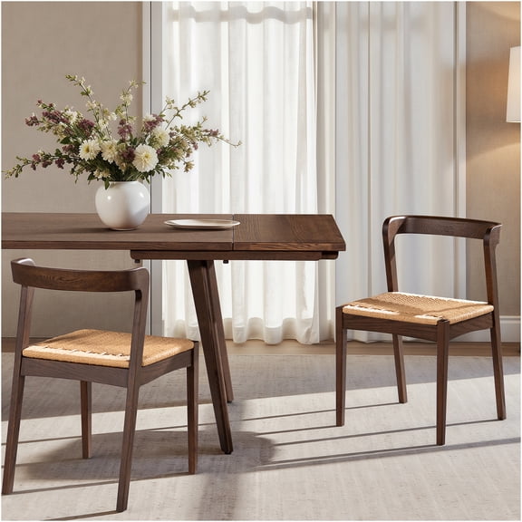 JERFIT Oak Dining Chair with Woven Seat, Dark Brown Solid Wood Kitchen Side Chair, Ergonomic Accent Chair for Dining Room, Modern Farmhouse