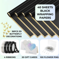thumbnail image 3 of 40 Sheets Flower Wrapping Paper with 4 Rolls Flower Ribbons, 20 Cards, 36 Pcs 3D Gold Butterflies ,Black, 3 of 4