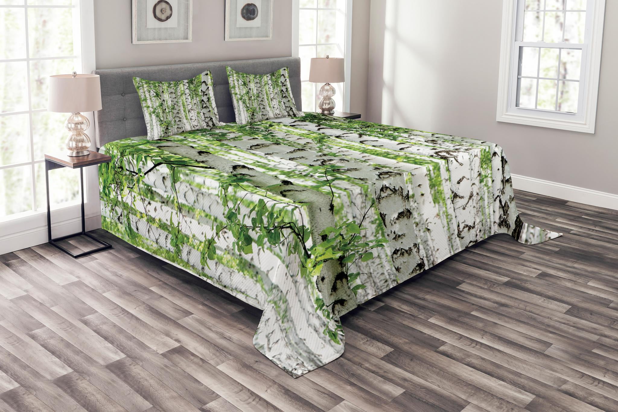 Woodland Bedspread Set, Birch Trees in the Forest Summertime Wildlife