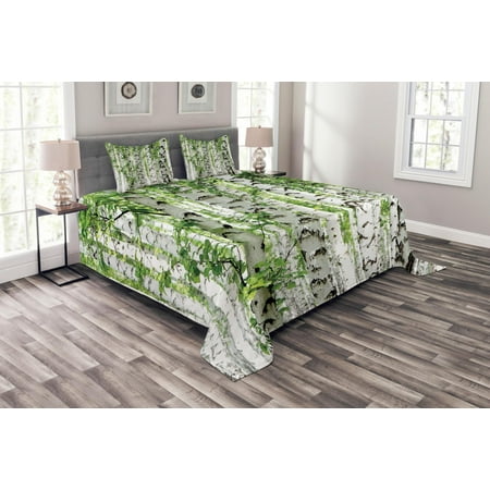 Woodland Bedspread Set, Birch Trees in the Forest Summertime Wildlife Nature Outdoors Themed Picture, Decorative Quilted Coverlet Set with Pillow Shams Included, White Green, by